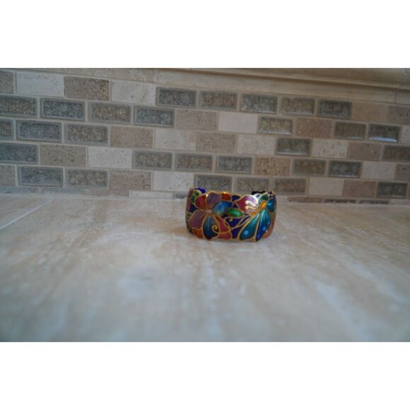 David Kuo Vintage Signed Multicolor Floral Enamel Cuff Bracelet - Picture 7 of 9